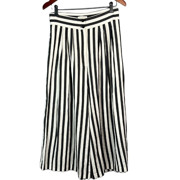Coastal H&M Striped Linen Cropped Wide Leg High Waist Culottes Pants Pleated 10 - Picture 2 of 12